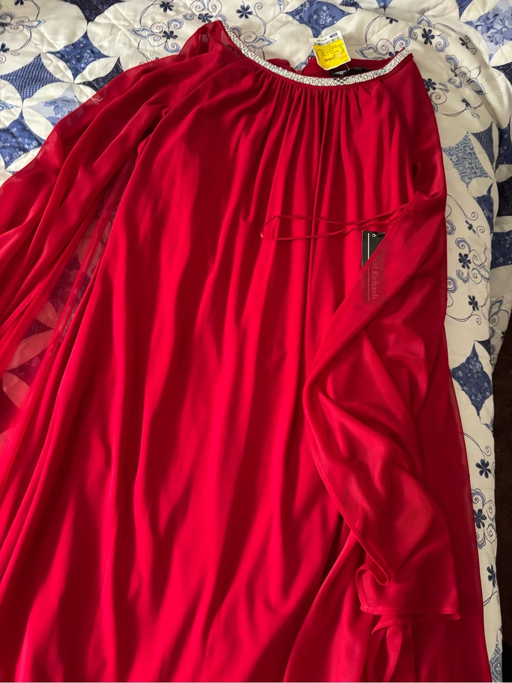 R & M Richards Red Chiffon Evening Dress with Embellished Neckline